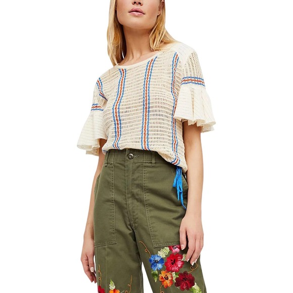 Free People Sweaters - Free People Babes Only Striped Tee Crochet sweater top Ivory Small